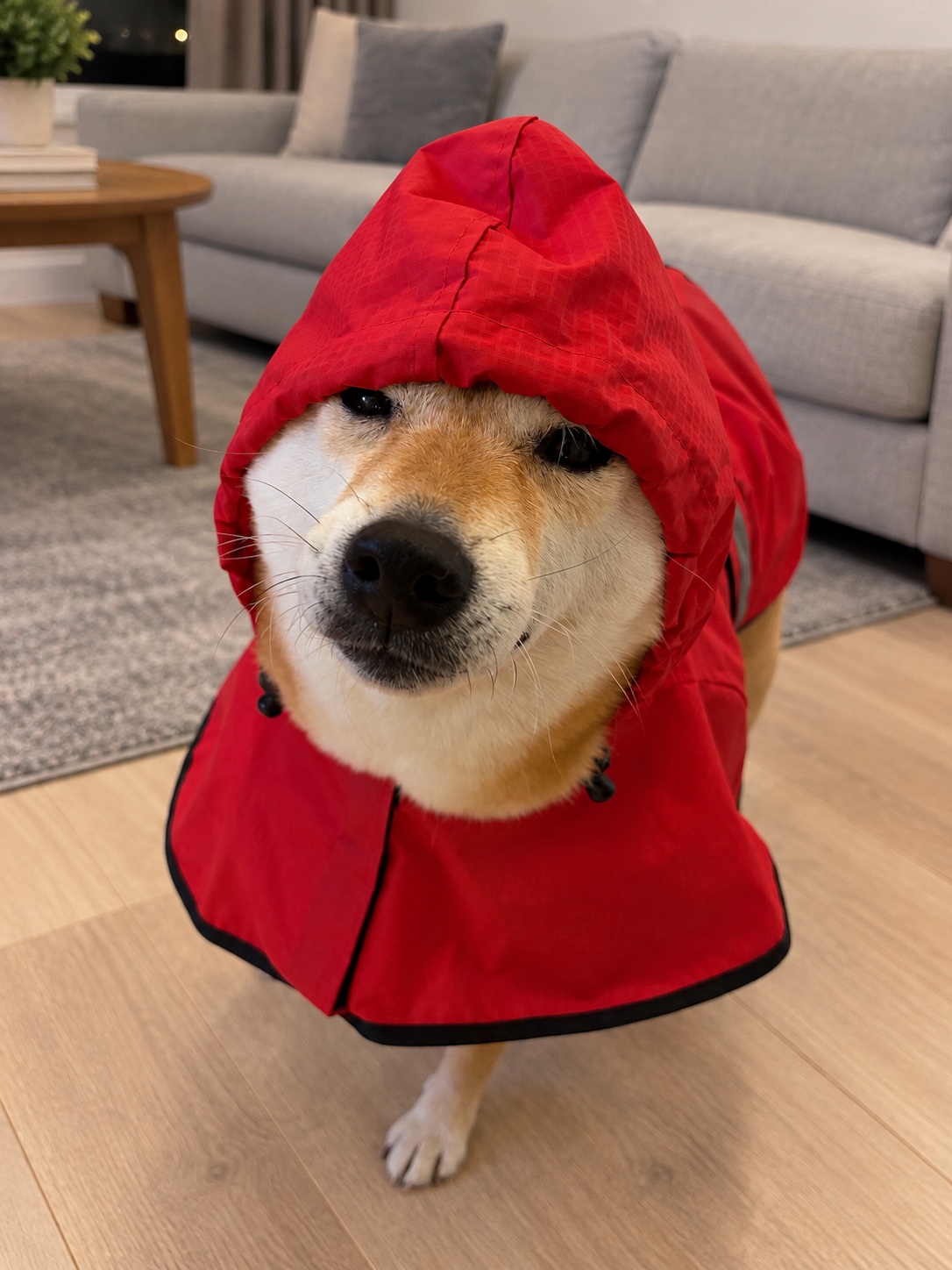 赤いレインポンチョのフードをかぶった柴犬ハル