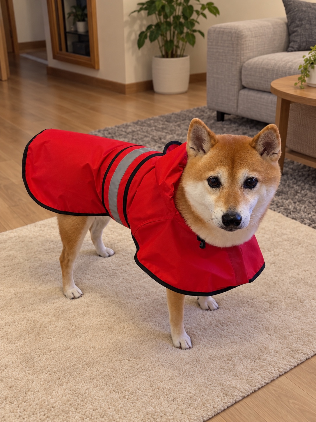 赤いレインポンチョを着た柴犬ハルの横姿